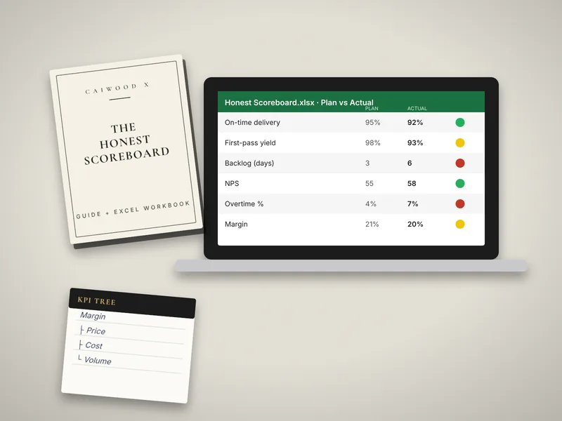 The Honest Scoreboard guide with plan-versus-actual workbook and KPI tree