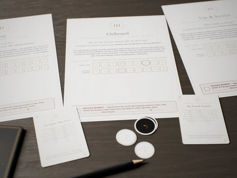 Moments of Truth: customer journey board, loyalty meter and reality cards
